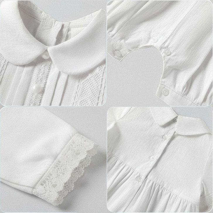 Minnie Me Mike White Baptism Romper, detailed close-up of the white baptism romper with lace and button accents.