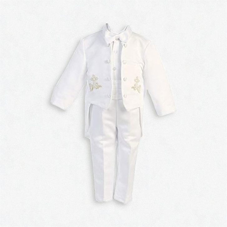 Minnie Me Jack Christening 5-pcs Set, white formal outfit for baby boy with embroidered floral details and a bow tie.