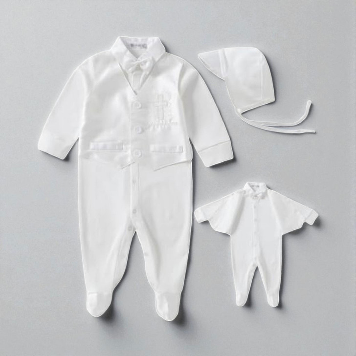 Minnie Me Austin Silver Cross Embroidery Set, white embroidery set includes a long-sleeved jumpsuit, a bonnet, and a smaller outfit for a baby.