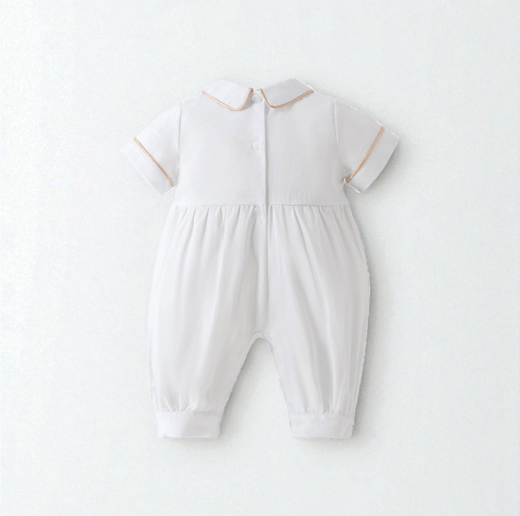 Minnie Me Elias Baptism Romper, white infant baptism romper with a collar and short sleeves, soft fabric, and elasticized cuffs