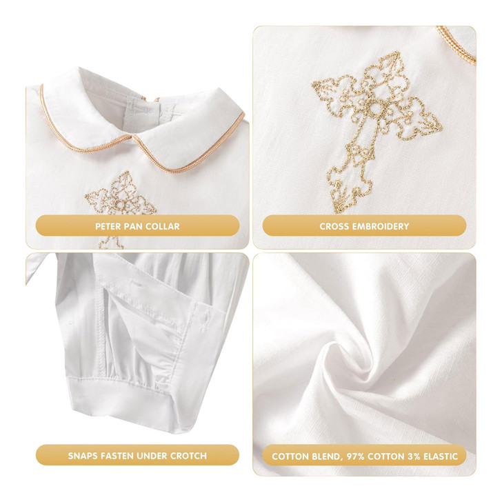 Minnie Me Elias Baptism Romper, white baptism romper with Peter Pan collar, cross embroidery, snaps fasten under crotch, and made of cotton blend fabric.