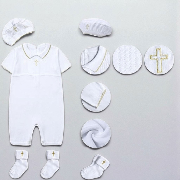 Minnie Me Dutton Christening Romper Set, white christening outfit and accessories including hat, bib, socks, and mittens with gold embroidery and cross details.