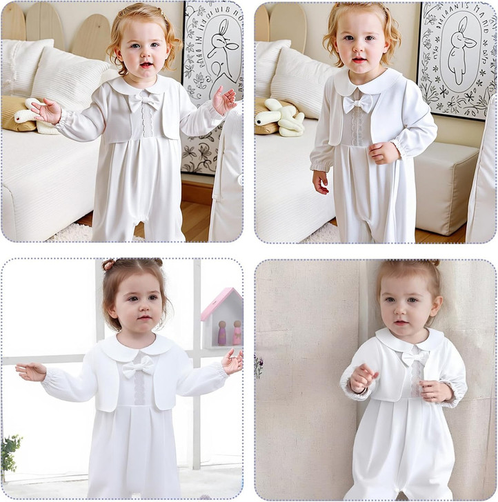 Minnie Me Nash Christening Romper, a white christening romper for little girls featuring a Peter Pan collar, lace embellishments, and long sleeves with elastic cuffs.