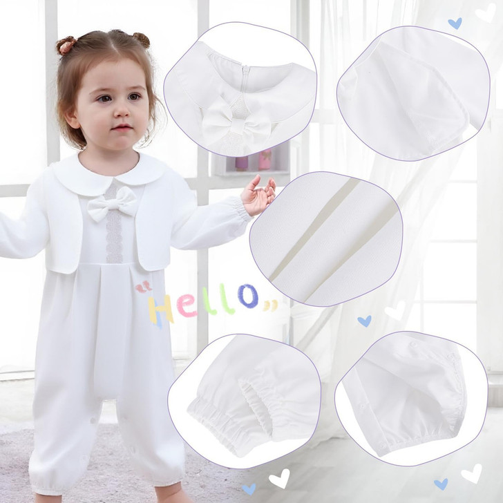 Minnie Me Nash Christening Romper, white baby girl's christening outfit with bow detail, elastic cuffs, and snap buttons