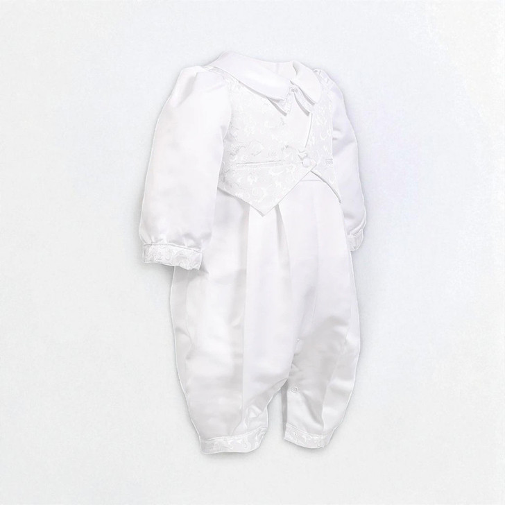 Minnie Me Charles White Romper, white infant jumpsuit with long sleeves, lace front panel, Peter Pan collar, and snap closure at the legs for easy dressing.