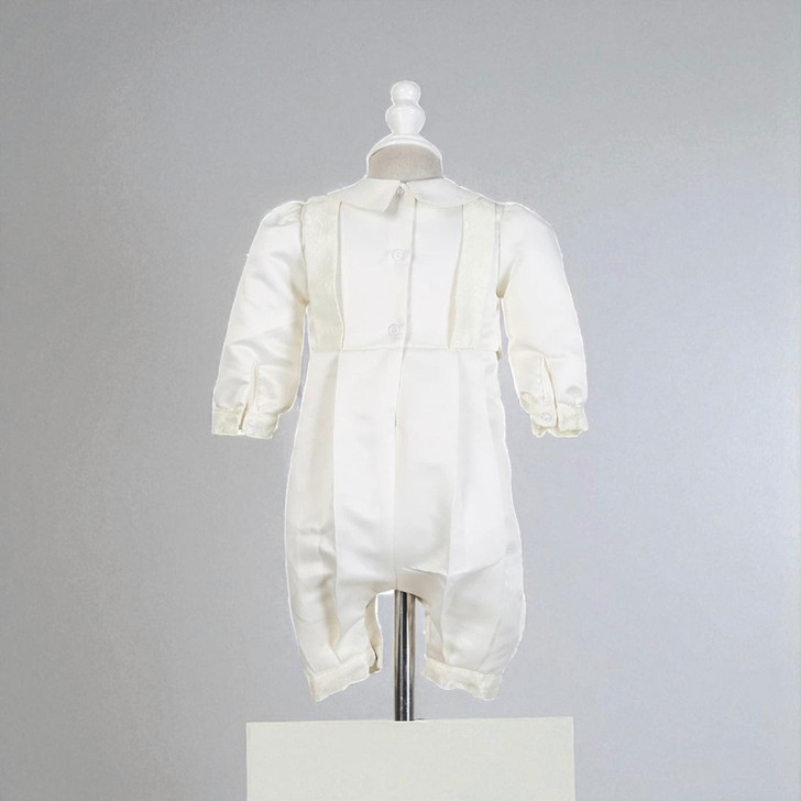 Minnie Me Charles White Romper, Elegant white children's romper with puffed long sleeves, front buttons, and lace detailing.