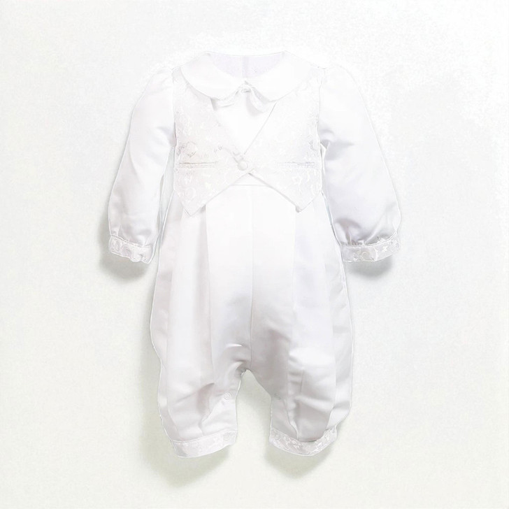 Minnie Me Charles White Romper, white baby girls' long sleeve romper with lace details and a Peter Pan collar.