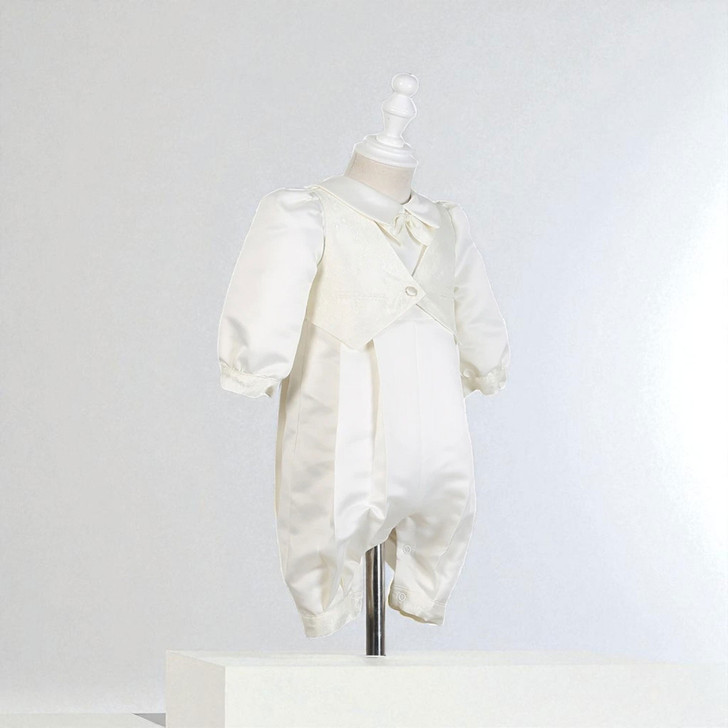 Minnie Me Charles White Romper, vintage white baby romper with satin fabric and puffed long sleeves for infants or toddlers.