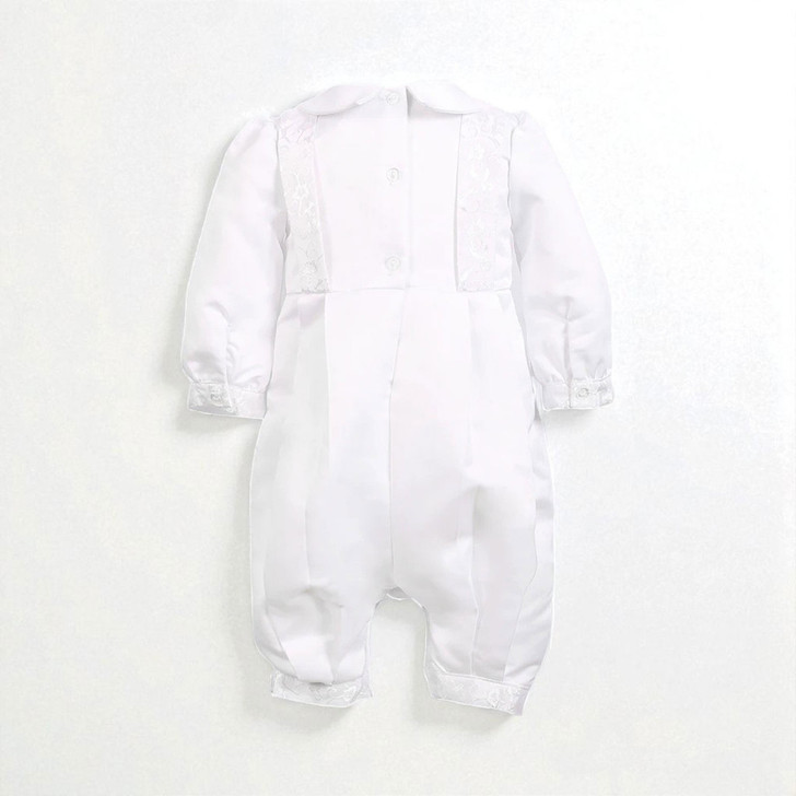Minnie Me Charles White Romper, white baby romper with embroidered lace bodice and long sleeves.