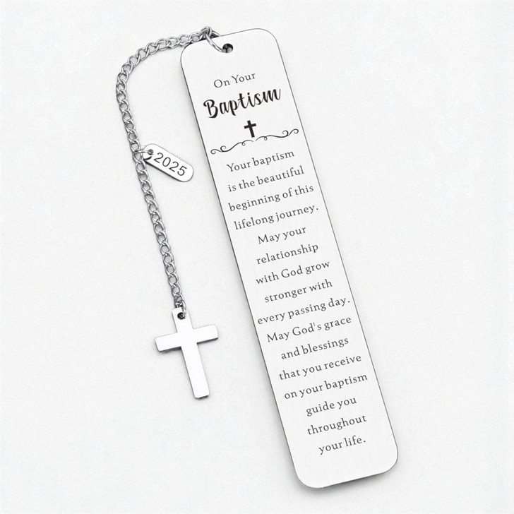 Minnie Me Silver Bookmark with Cross, featuring a charm engraved with the year 2025 and an attached cross pendant for religious and spiritual symbolism.