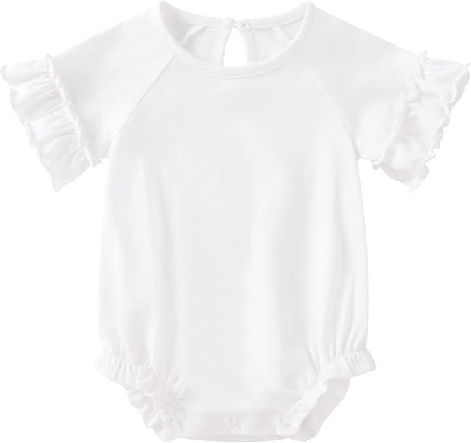 Minnie Me Cotton Romper Neutral, white baby romper with ruffled short sleeves and elastic leg openings.