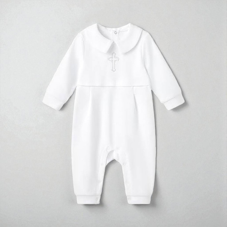 Minnie Me White Romper Christening Essential, a white baby romper with long sleeves, a Peter Pan collar, and a decorative cross embroidery on the chest.