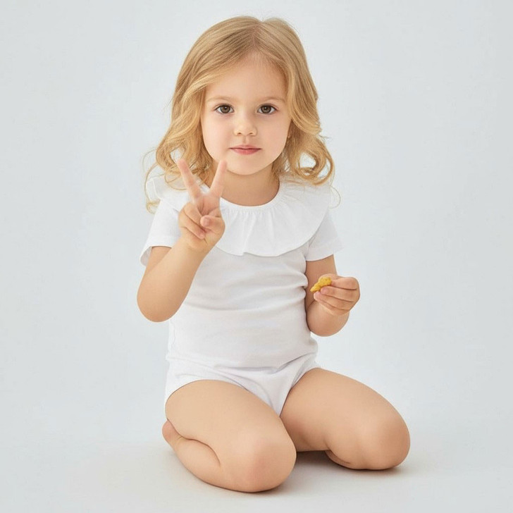 Minnie Me White Romper Cotton Essential, a young girl with blonde hair kneeling and making a peace sign.