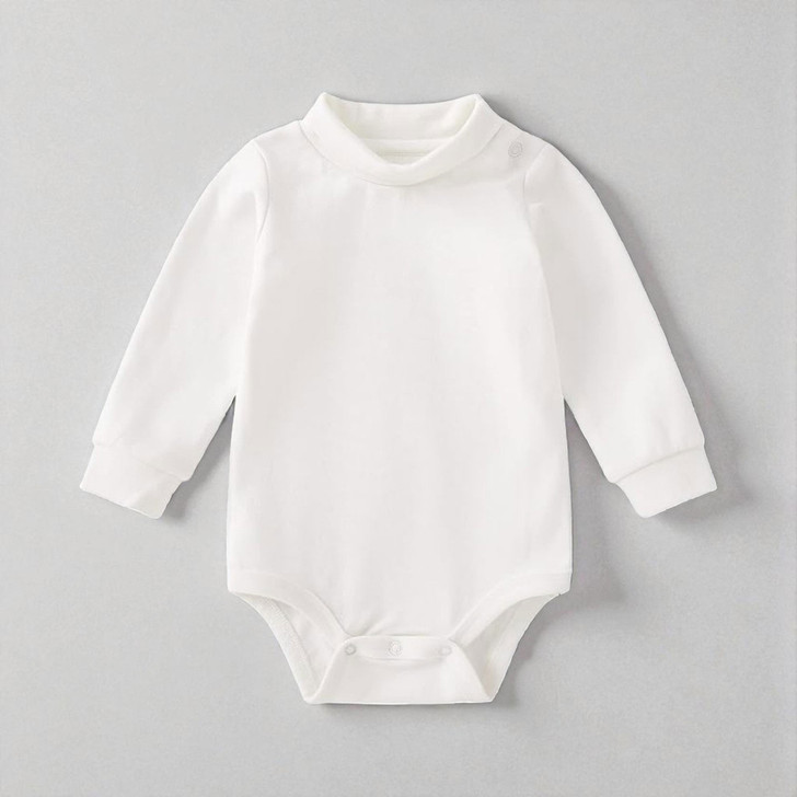 Minnie Me White Romper Cotton Essential, plain white baby romper with long sleeves, high neckline, and snap closures at the bottom.