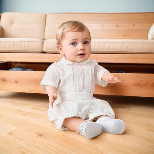 Minnie Me Elie Formal Set with Short for Kids, baby girl sitting on the floor in a white short-sleeve outfit in front of a beige sofa.