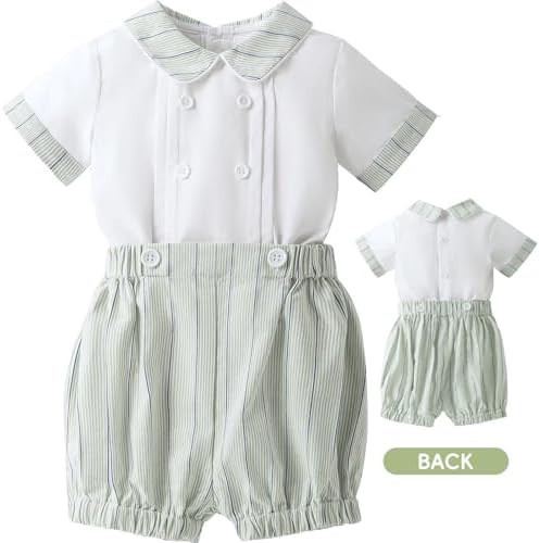 Minnie Me Elie Formal Set with Shorts, white and striped baby girl's romper with an elegant collar and short sleeves.