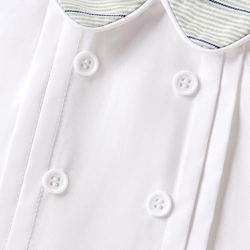 Minnie Me Elie Formal Set with Short, white baby girl's outfit featuring a double-breasted design with white buttons and a subtle striped lining on the collar and sleeves.