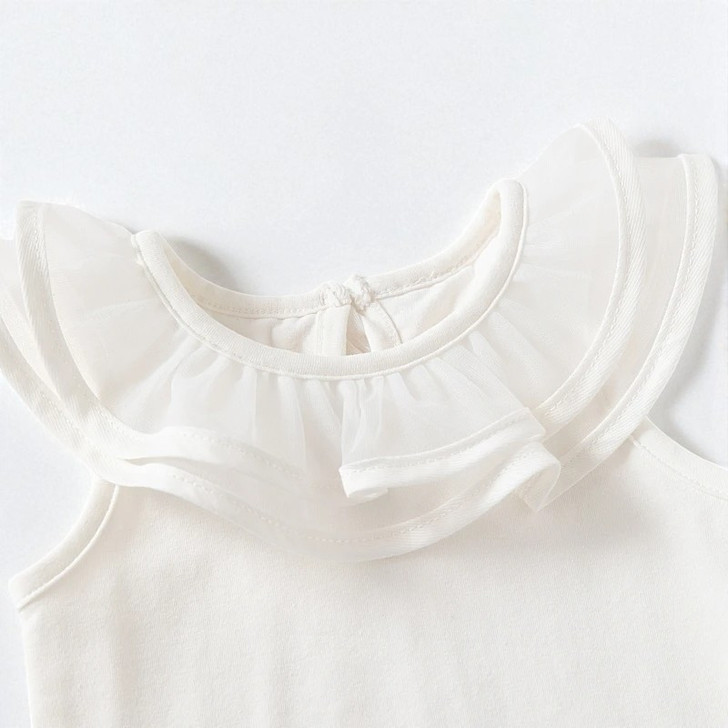 Minnie Me Hannah Baby Ruffled Bloomers Set, close-up of a white toddler's outfit with ruffled neckline.