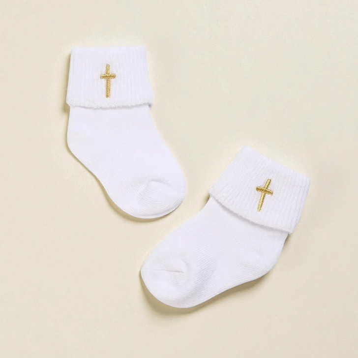 Minnie Me Marcus 5-Piece Infant Baptism Set, white baby socks with gold embroidered cross on the cuff, suitable for baptism occasions.