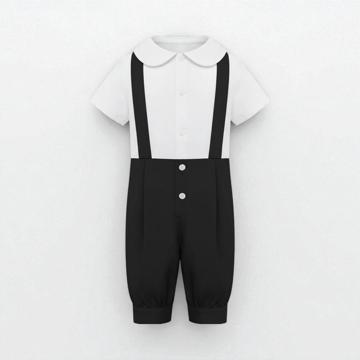 Minnie Me Eric Baby Boy Christening Romper Set, black and white short-sleeve romper with shirt collar and suspenders design for infants.