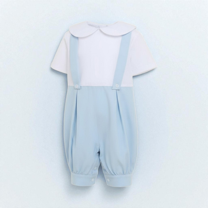 Minnie Me Eric Baby Boy Christening Romper Set, white and light blue romper with suspenders and collar for a baptism or christening ceremony.
