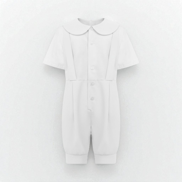 Minnie Me Eric Baby Boy Christening Romper Set, white short-sleeve romper with Peter Pan collar and button-down front.
