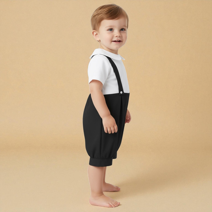 Minnie Me Eric Baby Boy Christening Romper Set, adorable young boy in black and white formal romper for a christening or special occasion.