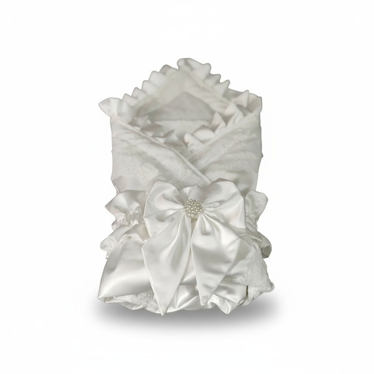 Minnie Me Baby Satin Swaddle Blanket, elegant white satin baby swaddle with ruffled edges and satin bow embellishment.