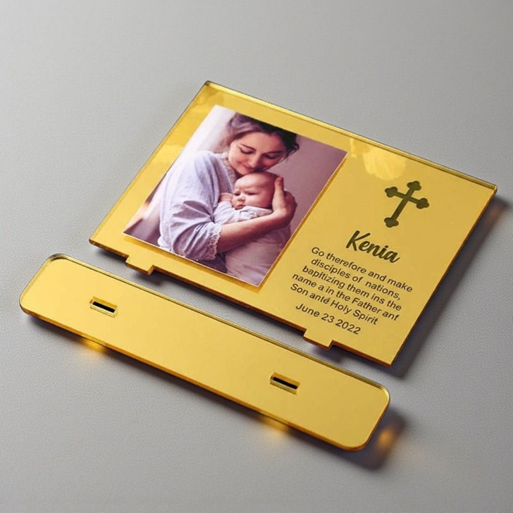 Minnie Me Personalized Photo Frame, gold-colored decorative photo frame for a baby photo with a religious cross and personalized message.