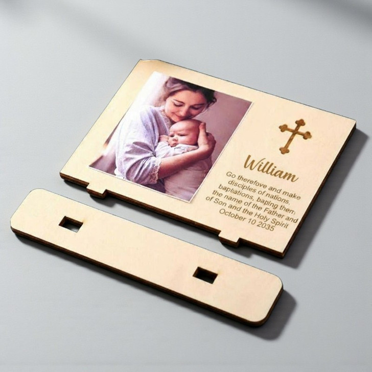 Minnie Me Personalized Photo Frame, wooden photo frame with a religious cross, personalized with the name William and a baptism prayer, designed for displaying a memorable photo.