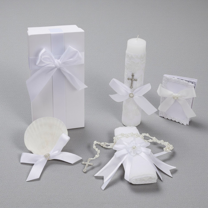 Minnie Me Baptism 5 PCS Candle Set, white religious themed candles and accessories with bows, pearls, and cross embellishments.