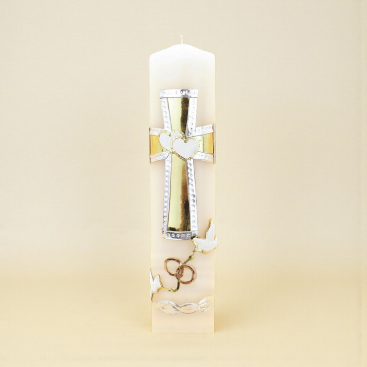 Minnie Me Authentic Unity Candles, a tall white candle decorated with gold and silver crosses, hearts, doves, and rings symbolizing love, peace, and unity.