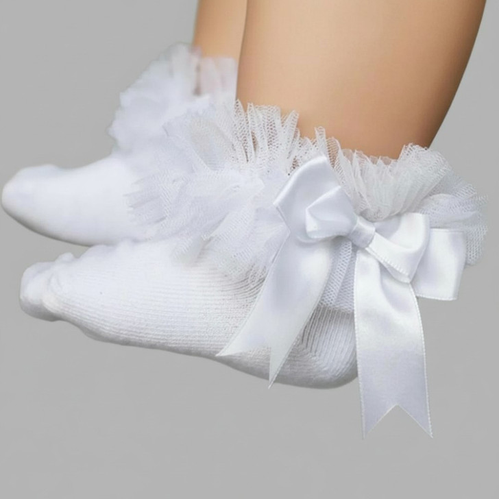 Minnie Me Kids Tutu Socks with Silk Ribbon Bow, white infant socks with ruffled lace trim and satin bow detail.