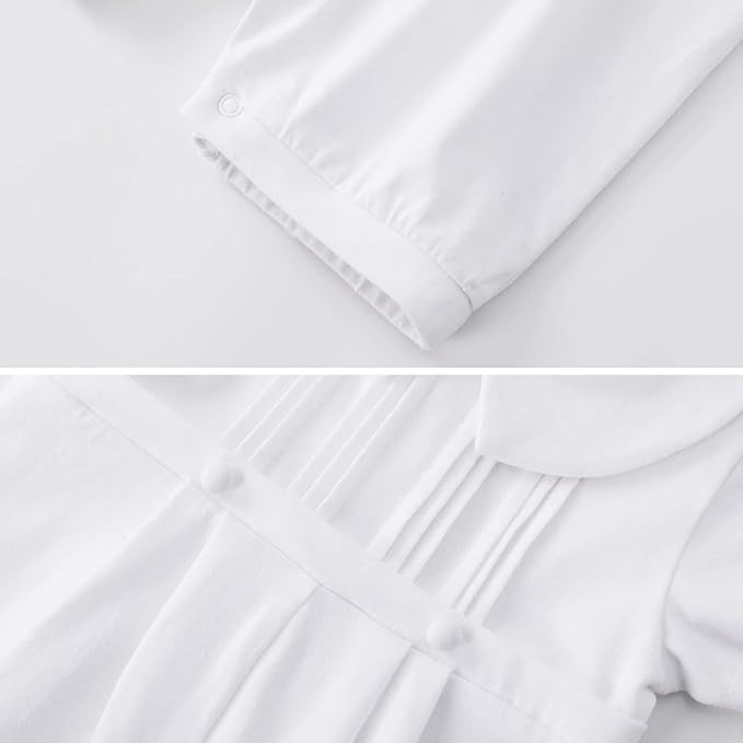 Minnie Me Cotton Romper Neutral Set, close-up of the soft white cotton fabric and slit details with buttons on the romper for baby's comfort.