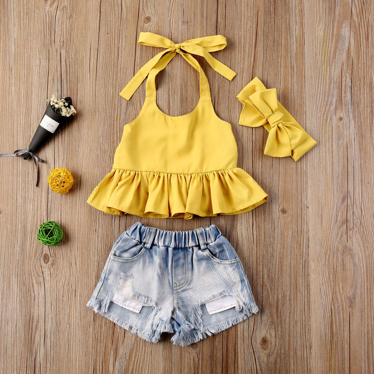 Strap Ruffle Tops Ripped Denim Short Pants