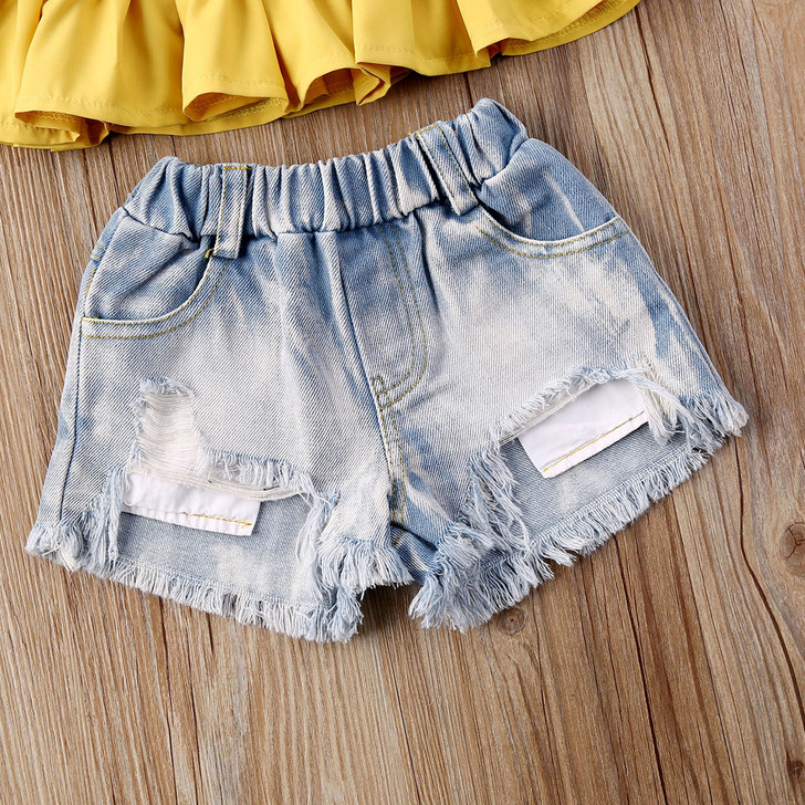 Strap Ruffle Tops Ripped Denim Short 