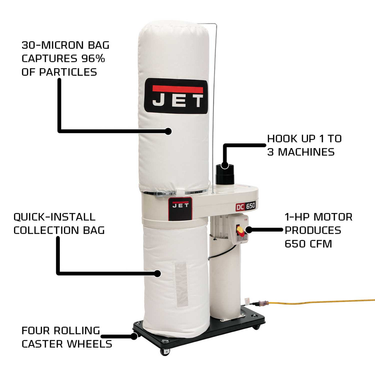 Jet, DC650, Dust Collector, 1HP, 1PH, 115/230V, 30Micron Bag Filter