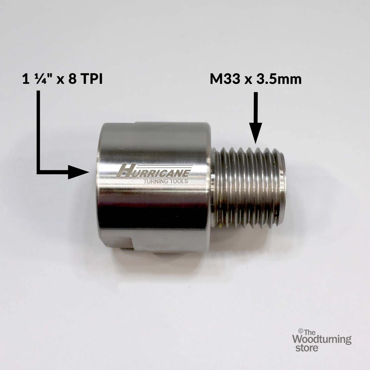 Hurricane, Headstock Spindle Adapter, Converts 1 1/4" x 8 TPI Spindle to M33 x 3.5mm, B STOCK