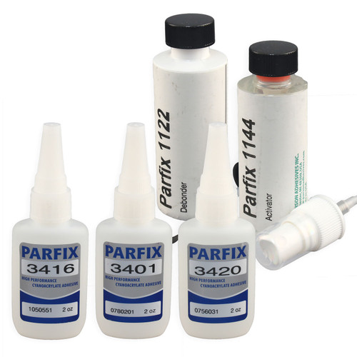 Parfix, 3401-3416-3420, CA Glue, Thin, Medium, Thick, 2 Oz. Bottles with Debonder and Spray Activator, Set of 5