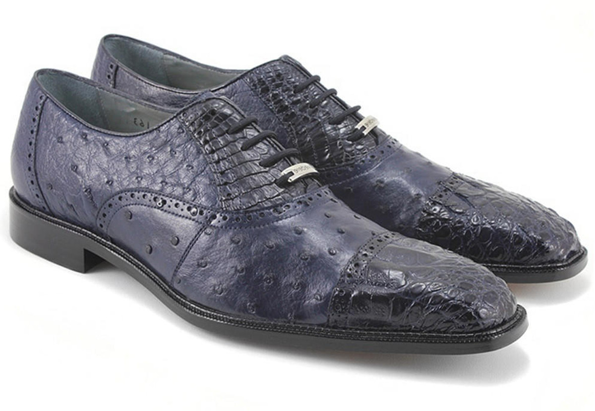  Belvedere Men's Navy Blue Ostrich Crocodile Shoes Cap Toe Onesto 