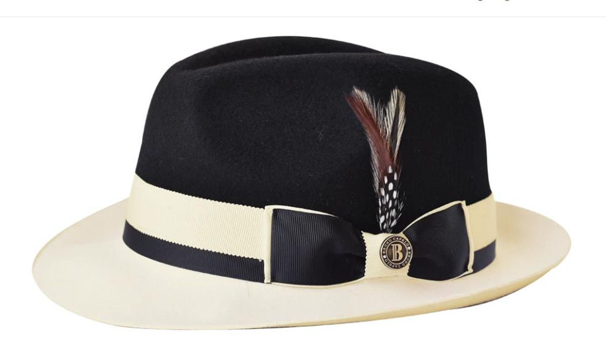  Mens Two Tone Fedora Hat Black Ivory Wool Dress Hats CA350 