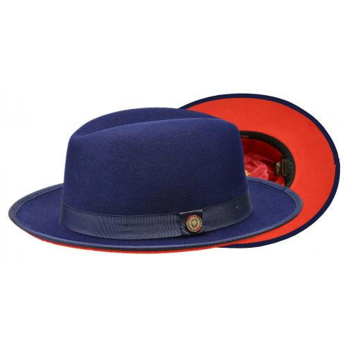 Mens Navy Blue with Red Bottom Hat Fedora Fine Wool Bruno PR-305