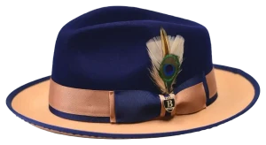  Bruno Capelo Men's Pinch Front Two-Tone Fedora Hat in Navy and Camel Brim - PE-997 
