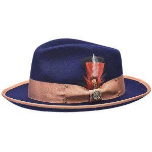 Stylish Mens Fedora Hat Navy Camel Trim Wool Felt Hats LO201 Stylish Mens Fedora Hat Navy Camel Trim Wool Felt Hats LO201