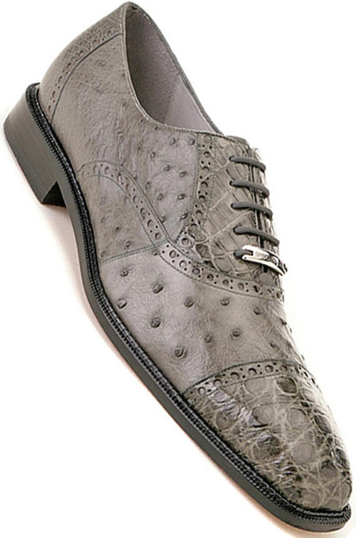  Belvedere Men's Gray Ostrich Crocodile Shoes Cap Toe Onesto 