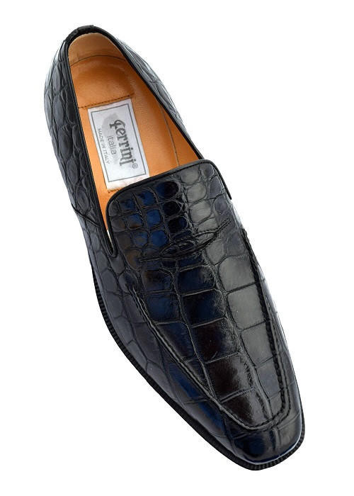  Italian Crocodile Skin Shoes by Ferrini Mens Black Unique Loafers 3877 