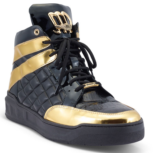 Mauri Italy Mens Black Gold Crocodile Hi-top Quilted Sneakers Notorious 8499