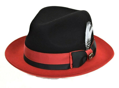  Mens Two Tone Fedora Hat Black Red Wool Dress Hats CA344 