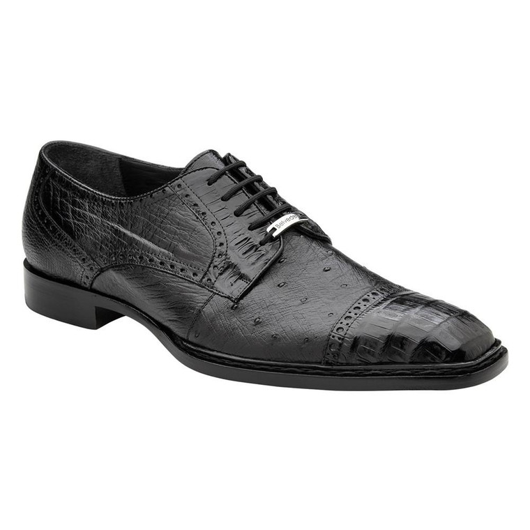  Belvedere Men's Black Ostrich Crocodile Shoes Cap Toe Martino 