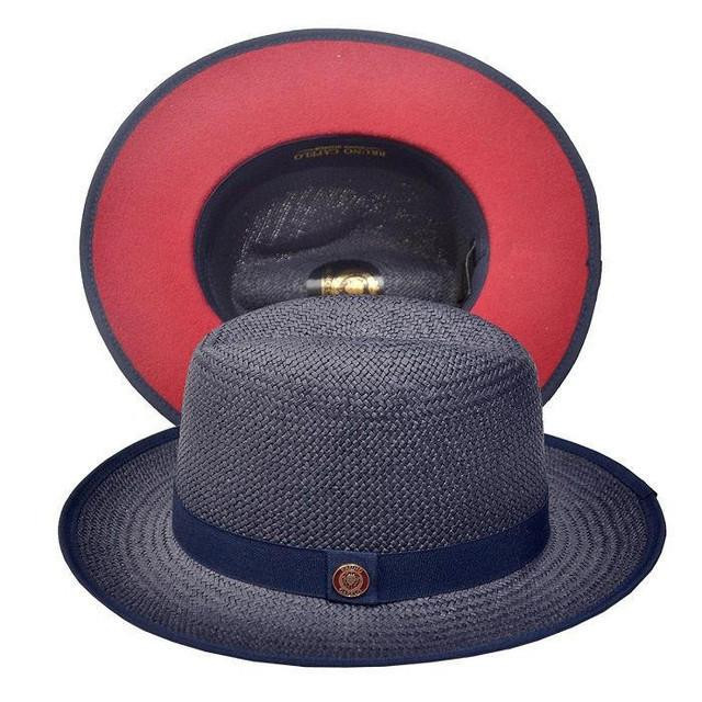  Men's Straw Fedora Hat Navy Red Bottom Bruno EM512 